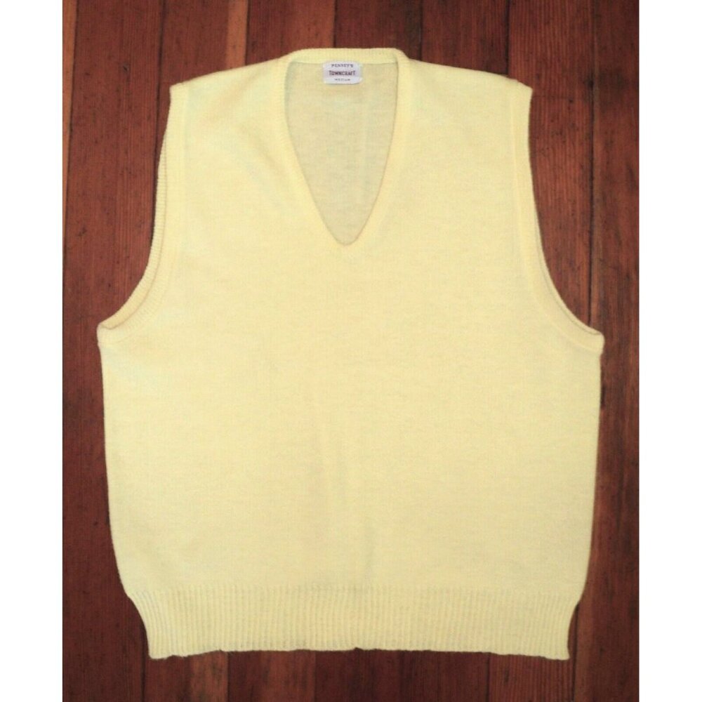 Vtg JC Penneys TOWNCRAFT Lemon Yellow V-NECK PULLOVER VEST SoftKnit COLLEGIATE M
